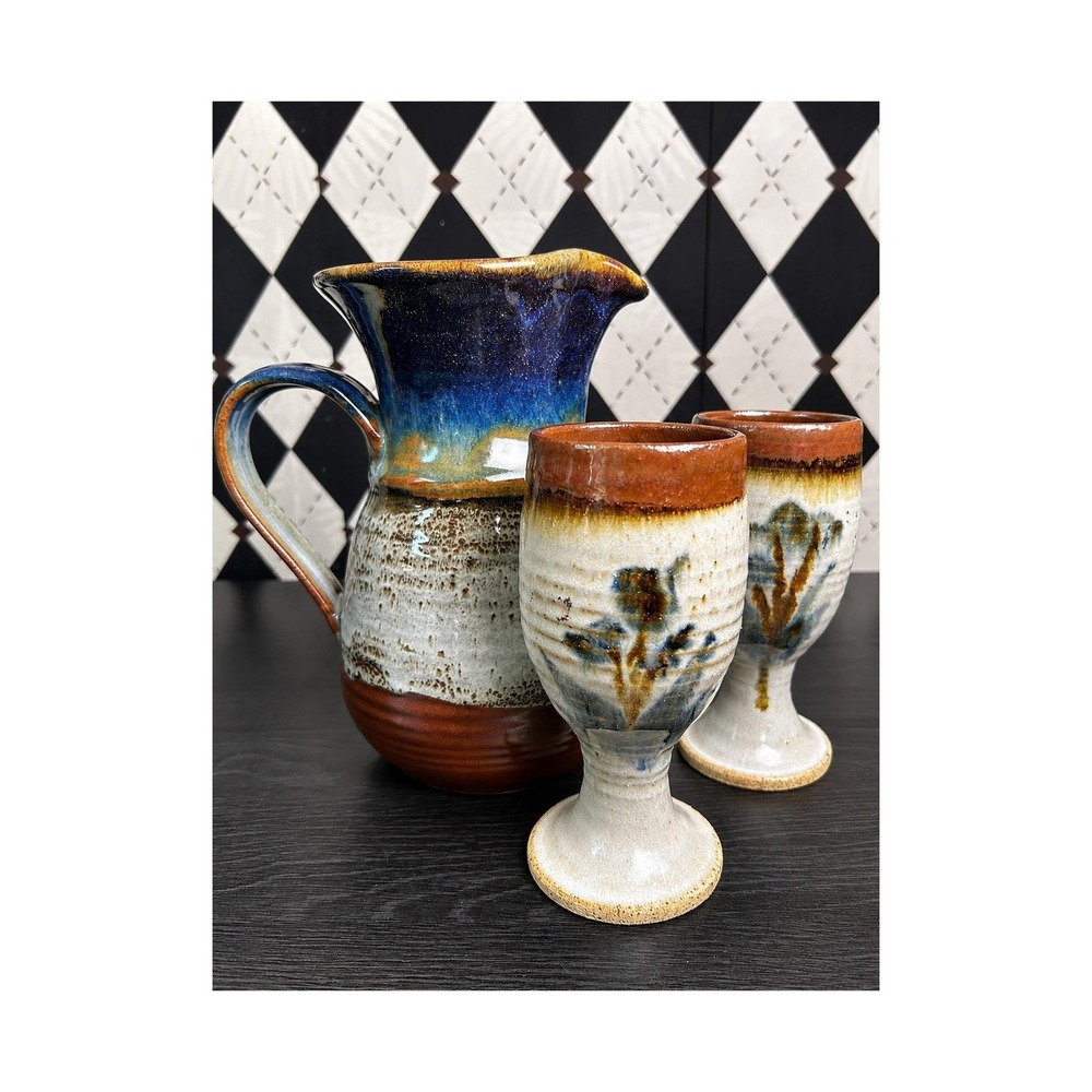 Signed Studio Pottery Pitcher & Goblets Set‎ of 3 Handcrafted Stoneware